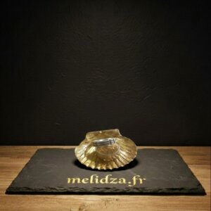 Coquille de pétoncle avec bijoux en argent sur socle en ardoise