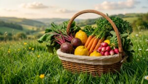 un panier champêtre de fruits et légumes pour une bonne santé