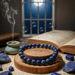 bracelet en pierre naturelle de 8 mm en lapis-lazuli sur socle en bois