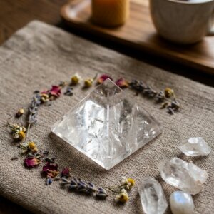 Une pyramide en cristal de roche avec des herbes et des pierres