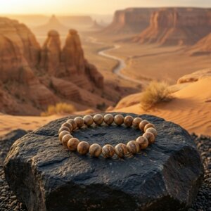 Bracelet jaspe paysage sur un rocher foncé et le désert de sable derrière
