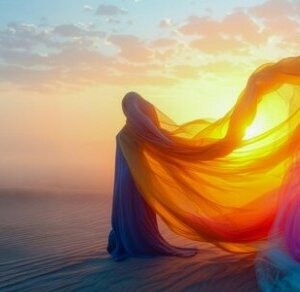 une femme dans le désert avec un voile flottant multicolor